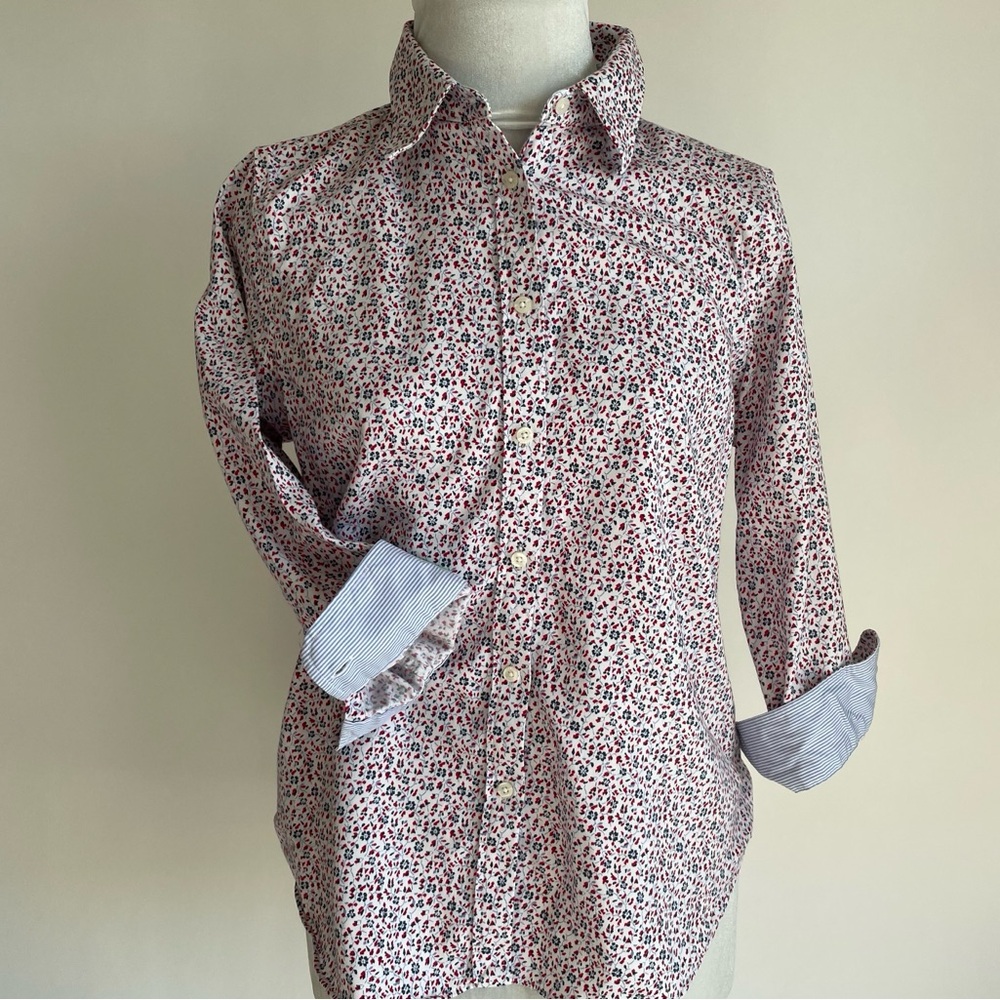 Womens Chaps Petite Medium No-Iron Floral Button Down Shirt Red White Blue